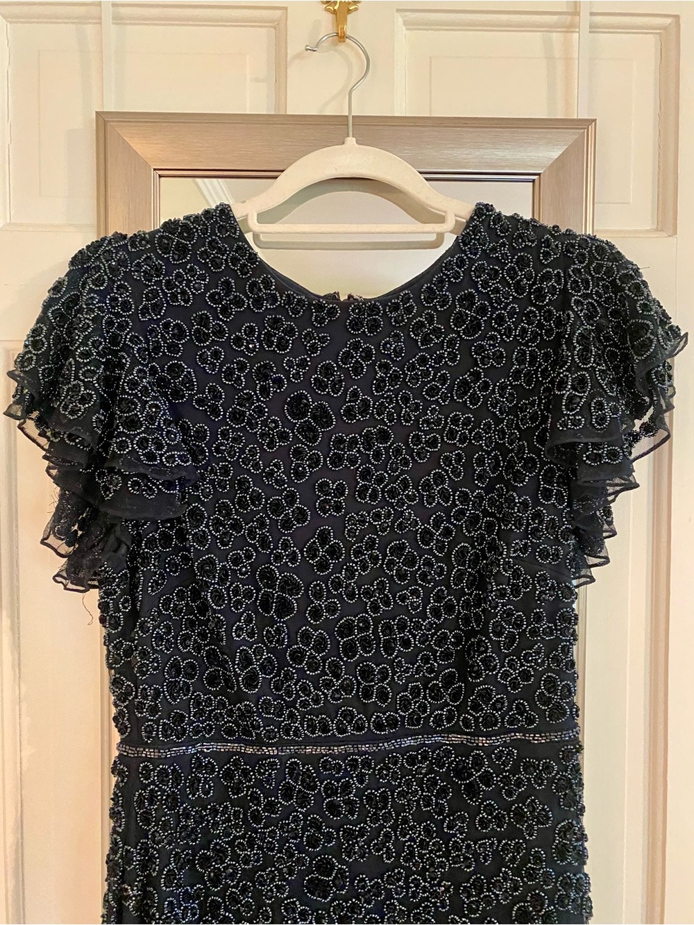 Mac Duggal Navy Floral Beaded Ruffle Sleeve Evening Dress - Picture 4 of 7